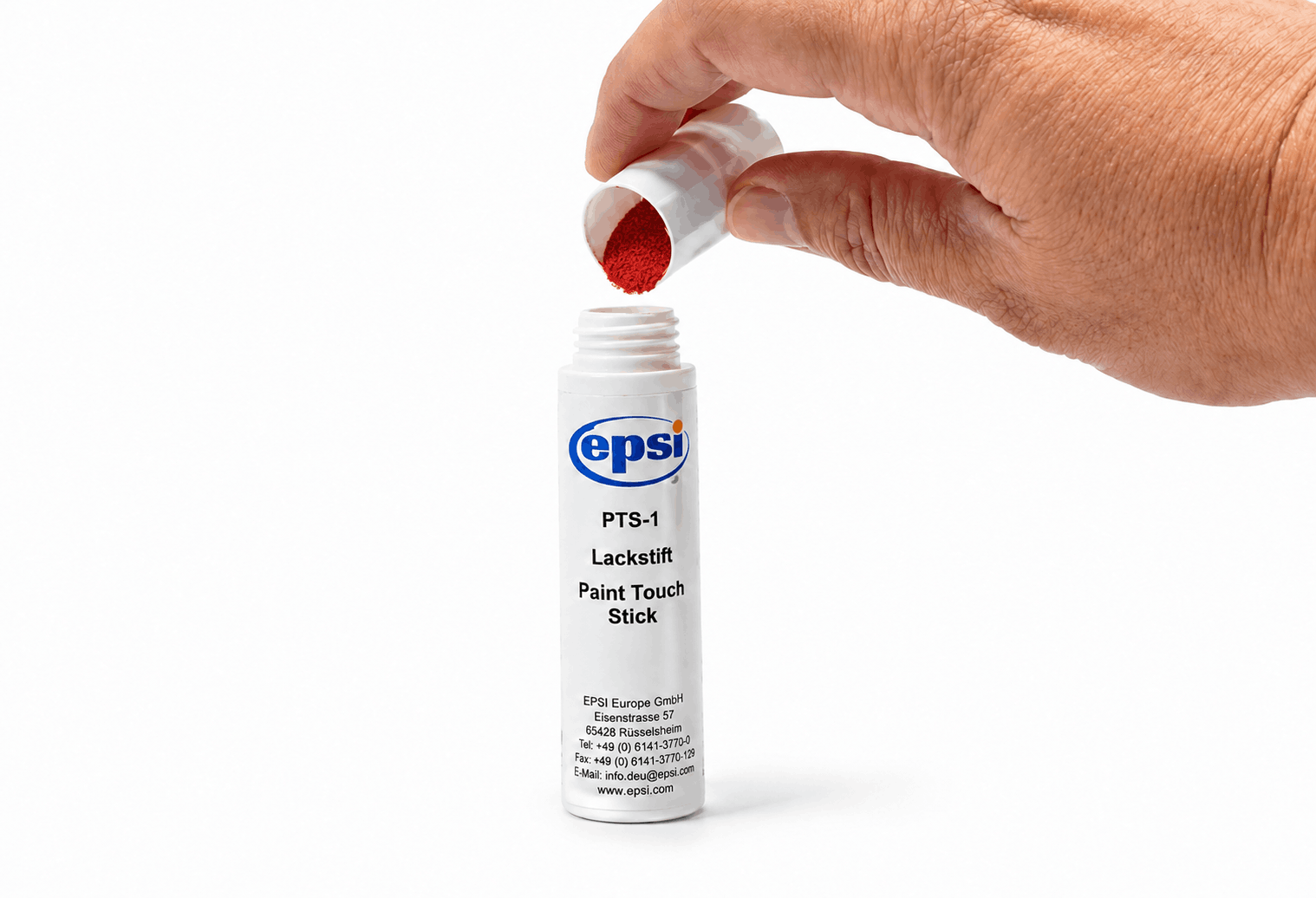 Pouring the measured powder into the EPSI Paint Touch Stick